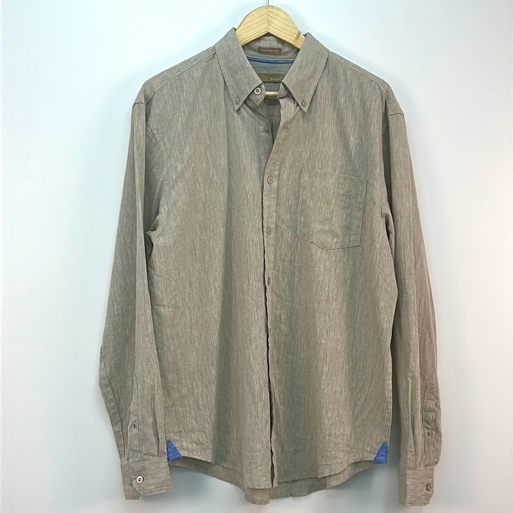 BRUNO Washable Linen Men’s Button up down Shirt Beige with Blue at Hem Sz M